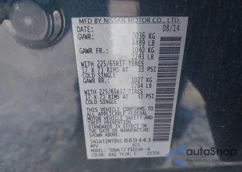 2014 Nissan Rogue S/Sl/Sv z USA, uszkodzony, nr VIN 5N1AT2MT8EC869443